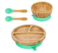 Vinsani Bamboo Bowl, Round Plate and Spoon Set for Baby/Toddler, Suction Plate, Stay-Put Design, Hypoallergenic and BPA-Free (Green)