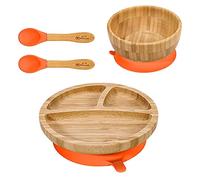 Vinsani Bamboo Bowl, Round Plate and Spoon Set for Baby/Toddler, Suction Plate, Stay-Put Design, Hypoallergenic and BPA-Free (Orange)