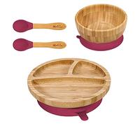 Vinsani Bamboo Bowl, Round Plate and Spoon Set for Baby/Toddler, Suction Plate, Stay-Put Design, Hypoallergenic and BPA-Free (Red)