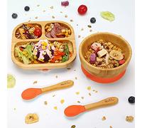 Vinsani Bamboo Bowl, Square Plate and Spoon Set for Baby/Toddler, Suction Plate, Stay-Put Design, Hypoallergenic and BPA-Free (Orange)