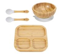 Vinsani Bamboo Bowl, Square Plate and Spoon Set for Baby/Toddler, Suction Plate, Stay-Put Design, Hypoallergenic and BPA-Free (Grey, Bowl Square Plate & Spoon Set)
