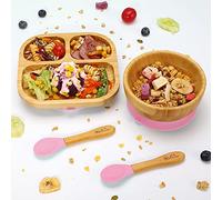 Vinsani Bamboo Bowl, Square Plate and Spoon Set for Baby/Toddler, Suction Plate, Stay-Put Design, Hypoallergenic and BPA-Free (Pink)