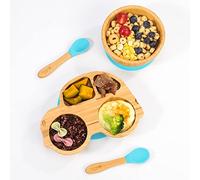 Vinsani Bamboo Car Plate Bowl and Spoon Set for Baby Toddler Kids Children, Suction Plate, Stay-Put Non-Slip Base Design, Hypoallergenic, Food-Grade Silicone and BPA-Free Baby Feeding Set (Blue)