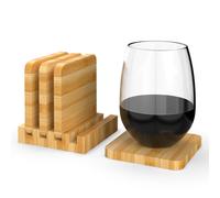 Vinsani Bamboo Coasters Set of 4 All-Natural Bamboo Wooden Square Drink Coaster with Holder for Coffee Tea Glasses Cups Mugs Wine Home Kitchen Table Housewarming Gift 9 x 9 cm