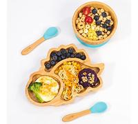 Vinsani Bamboo Dinosaur Plate Bowl and Spoon Set for Baby Toddler Kids Children, Suction Plate, Stay-Put Non-Slip Base Design, Hypoallergenic, Food-Grade Silicone and BPA-Free Baby Feeding Set (Blue)