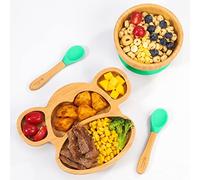 Vinsani Bamboo Monkey Plate Bowl and Spoon Set for Baby Toddler Kids Children, Suction Plate, Stay-Put Non-Slip Base Design, Hypoallergenic, Food-Grade Silicone and BPA-Free Baby Feeding Set (Green)