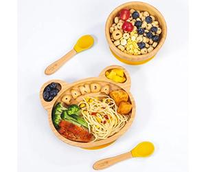 Vinsani Bamboo Panda Plate Bowl and Spoon Set for Baby Toddler Kids Children, Suction Plate, Stay-Put Non-Slip Base Design, Hypoallergenic, Food-Grade Silicone and BPA-Free Baby Feeding Set (Yellow)