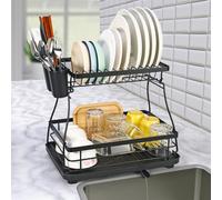 Vinsani Black Dish Drainer Rack 2 Tier Modern Detachable Drying Rack with Auto Drainage System Drip Tray Board Removable Cutlery Holder, Minimalist Dish Draining Rack for Kitchen Sink Countertop
