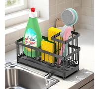 Vinsani Kitchen Sink Caddy Organiser with Auto-Draining Tray - Removable Stainless Steel Sink Tidy with Divider & Brush Holder - No Drilling, Flexible Setup Sponge Holder Rack for Countertop (Black)