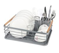 Vinsani Deluxe Dish Drainer Drying Rack with Wooden Handles Drip Tray Draining Board and Removable Cutlery Holder, Minimalist Dish Rack, 42.5 x 30.5 x 14cm (Grey)