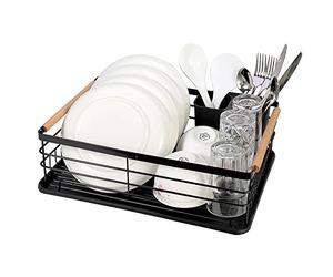 Vinsani Deluxe Dish Drainer Drying Rack with Wooden Handles Drip Tray Draining Board and Removable Cutlery Holder, Minimalist Dish Rack, 42.5 x 30.5 x 14cm (Black)