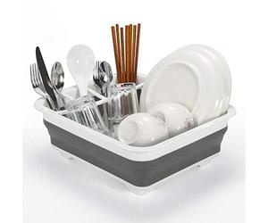 Vinsani Dish Drainer Collapsible Portable Folding Cutlery Plate Holder Drying Kitchen Non-Scratch Space Saver Draining Sink Rack Ideal for Home, Camping and Travelling - White & Grey