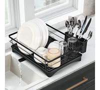 Vinsani Dish Drainer Rack Space Saving Dish Drying Rack Sleek Modern Kitchen Drying Rack with Auto Drainage System Cutlery Holder for Kitchen Countertop (Black)