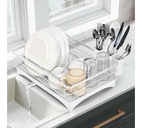 Vinsani Dish Drainer Rack Space Saving Dish Drying Rack Sleek Modern Kitchen Drying Rack with Auto Drainage System Cutlery Holder for Kitchen Countertop (White)