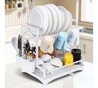Vinsani Dish Drying Drainer Rack 2 Tier Space Saving Dish Rack Modern Kitchen Drying Rack with Cutlery Holder Auto Drainage System Dish Draining Rack for Kitchen Countertop (White)