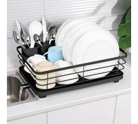 Vinsani Dish Drying Rack Space-Saving Dish Rack Sleek Modern Stainless Steel Kitchen Drying Rack with Auto Drainage System and Cutlery Holder for Kitchen Countertop Home (Black)