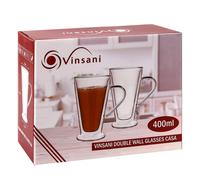 Vinsani CASA Double Walled Coffee Drink Glasses Tea Cup Mug 400ml Set of 2 Heat Cold Resistant Aesthetic Clear Borosilicate Glass with Handle Cappuccino Latte Tea Dessert Hot and Cold Drinks