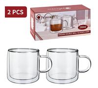 Vinsani COPA Double Walled Coffee Drink Glasses Tea Cup Mug 260ml Set of 2 Heat Cold Resistant Aesthetic Clear Borosilicate Glass with Handle Cappuccino Latte Tea Dessert Hot and Cold Drinks
