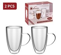 Vinsani PIVANO Double Walled Coffee Drink Glasses Tea Cup Mug 600ml Set of 2 Heat Cold Resistant Aesthetic Clear Borosilicate Glass with Handle Cappuccino Latte Tea Dessert Hot and Cold Drinks