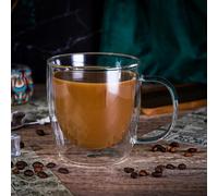 Vinsani VITRUM Double Walled Coffee Drink Glasses Tea Cup Mug 400ml Set of 2 Heat Cold Resistant Aesthetic Clear Borosilicate Glass with Handle Cappuccino Latte Tea Dessert Hot and Cold Drinks