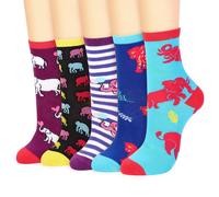 Vinsani 5-Pair Pack Cute Animal Print Socks Fun Colorful Cotton Sock | One Size Fits All Soft Breathable Comfortable Everyday for School Casual Wear (UK, Age, One Size, Regular, Elephant)