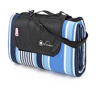 Vinsani Foldable Picnic Blanket 200 x 200 cm - Anti-Slip, Durable Waterproof & Sand Proof Outdoor Rug Mat for Camping, Beach, Hiking, Park & Garden, Easy to Carry, Machine Washable | Blue Stripe