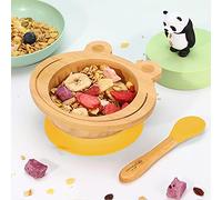 Vinsani Frog Bamboo Bowl and Spoon Set for Baby/Toddler, Frog Shaped Suction Bowl, Stay-Put Design, Hypoallergenic and BPA-Free (Yellow)