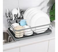 Vinsani Dish Drying Rack Space-Saving Dish Rack Sleek Modern Stainless Steel Kitchen Drying Rack with Auto Drainage System and Cutlery Holder for Kitchen Countertop Home (Grey)