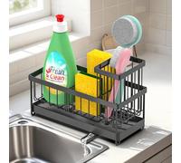 Vinsani Kitchen Sink Caddy Organiser with Auto-Draining Tray - Removable Stainless Steel Sink Tidy with Divider & Brush Holder - No Drilling, Flexible Setup Sponge Holder Rack for Countertop (Black)