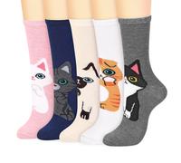 Vinsani 5-Pair Pack Cute Animal Print Socks Fun Colorful Cotton Sock | One Size Fits All Soft Breathable Comfortable Everyday for School Casual Wear (UK, Age, One Size, Regular, Kitty)