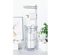 Vinsani Metal Free Standing Toilet Tissue Paper Roll Holder Floor Stand - 4 Paper Rolls with Additional Storage Rack for Phone or Air Freshener - Toilet Bathroom - Grey