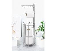 Vinsani Metal Free Standing Toilet Tissue Paper Roll Holder Floor Stand - 4 Paper Rolls with Additional Storage Rack for Phone or Air Freshener - Toilet Bathroom - Chrome