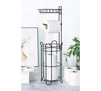 Vinsani Metal Free Standing Toilet Tissue Paper Roll Holder Floor Stand - 4 Paper Rolls with Additional Storage Rack for Phone or Air Freshener - Toilet Bathroom - Black