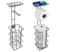 Vinsani Metal Freestanding Toilet Paper Roll Holder & Storage - 4 Tissue Paper Rolls with Multifunctional Storage Rack Minimalist Modern Style Rust Resistant for Toilet Bathroom - Grey