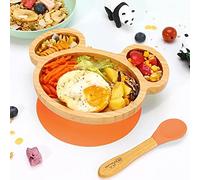 Vinsani Mouse Bamboo Plate and Spoon Set for Baby/Toddler, Mouse-Shaped Suction Plate, Stay-Put Design, Hypoallergenic and BPA-Free (Orange)