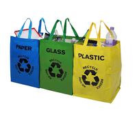 Vinsani Set of 3 Reusable Fabric Recycling Bags - Colour-Coded Durable Spacious Organiser Efficient Waste Sorting Home Office Kitchen for Glass Plastic and Paper Recycling