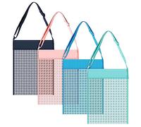 Vinsani Set of 4 Adjustable Reusable Mesh Beach Bags - Lightweight Shoulder Tote for Travel, Pool, Sand Toys, Swimming, Shopping - Adults, Teens & Kids (Blue, Green, Navy & Pink)