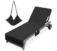 Vinsani Sun Lounger Beach Towel Carry with Pockets Sand Free Compact Bag Soft Microfibre Quick Dry Lightweight 215 x 73 cm for Holiday Summer Garden Swim Pool Beach Lounger Towels - Black