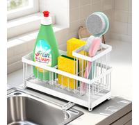 Vinsani Kitchen Sink Caddy Organiser with Auto-Draining Tray - Removable Stainless Steel Sink Tidy with Divider & Brush Holder - No Drilling, Flexible Setup Sponge Holder Rack for Countertop (White)