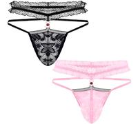 Vinsatin 2 Pcs Sissy Men's Thong Underwear Lace Frilly Thongs Sheer Mesh Bikini Briefs G-string Lace Panties Men, Black, Red, Pink, One Size