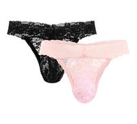 Vinsatin 2 Pcs Sissy Men's Thong Underwear Lace Frilly Thongs Sheer Mesh Bikini Briefs G-string Lace Panties Men, Black, Red, Pink, Black, XL