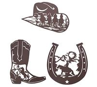 VinSees Metal Horseshoe Cowboy Boots Cowboy Hat Wall Art Decor, Rustic Western Wall Decor, Western Themed Cowboys Riding Horses Decorations for Home Bedroom Bathroom, Set of 3