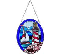 VinSees Pigeon Point Stained Glass Hanging Lighthouse, Suncatcher with Chains, Sun Catchers for Windows, Colorful Glass Ornament, Indoor Outdoor Decoration, Garden Decoration