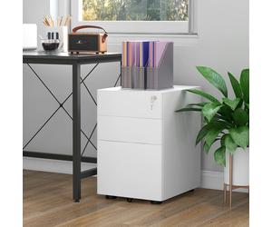 VINSETTO 3 Draw Metal Filing Cabinet Lockable 4 Wheels Compact Under Desk in White VINSETTO White