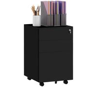 Vinsetto 3-Drawer Vertical Filing Cabinet with Pencil Tray, Lock and 5 Wheels, Steel Mobile File Cabinet, for A4, Legal and Letter Size, Pre-Assembled Body, Black
