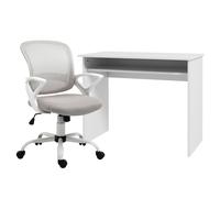 Vinsetto Home Office Chair and Computer Desk Set, Mesh Chair with Swivel Wheels, Study Desk with Storage Shelf, High Gloss White and Grey