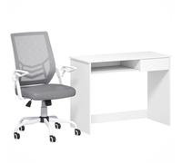 Vinsetto Home Office Chair and Computer Desk Set, Mesh Chair with with 90° Flip-up Armrest, Study Desk with Keyboard Tray and Drawer, White and Grey