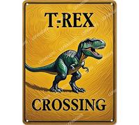 Vinstralivye 12X16IN Vintage Tin Sign T-REX CROSSING Rustic Metal Tin Sign Funny Bathroom Wall Decor for Home Bathroom Club Pub Housewarming Gift
