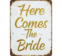 Vinstralivye Vintage 12x16IN HERE COME THE BRIDE Metal Wall Art Rustic Tin Sign for Kitchen Decor Farmhouse Home Decoration Gift Idea