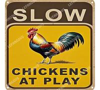 Vinstralivye Vintage Metal Tin Sign 12x12IN SLOW CHICKENS AT PLAY Funny Garage Man Cave Decor